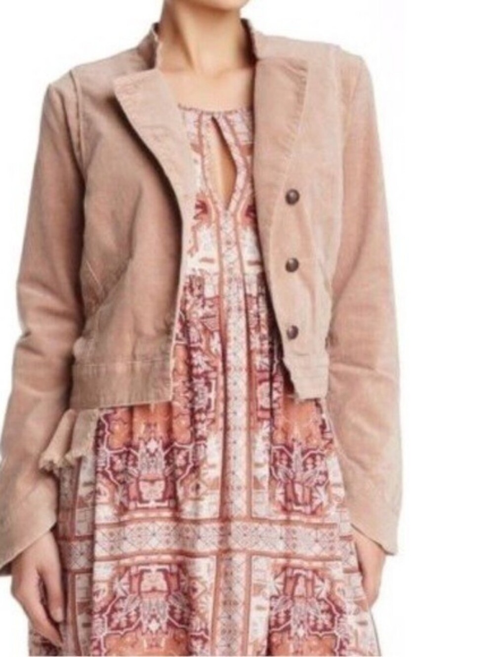 Free People Velvet Military Blazer Uncut Cord Jacket Ruffle Raw Hem